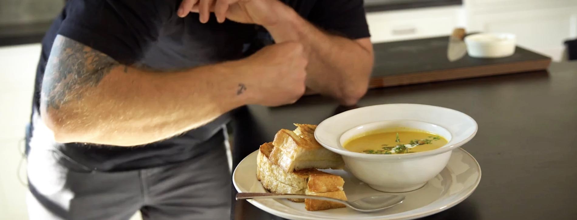 Butternut Squash Bisque & 2-Grilled Cheese Sandwich by Chef Adam Glick