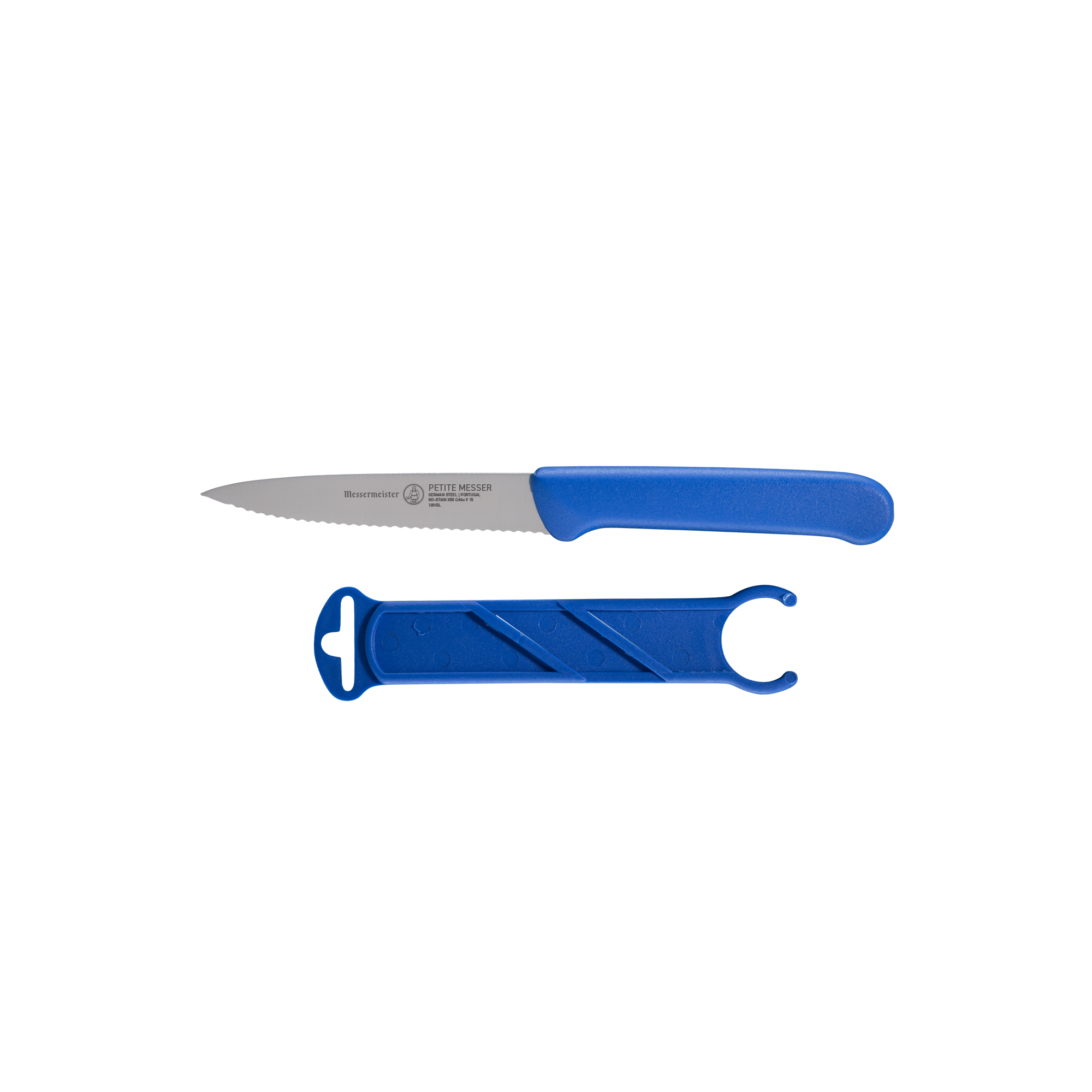 Blue Serrated Spear Point Parer with Matching Sheath - 4" - Messermeister