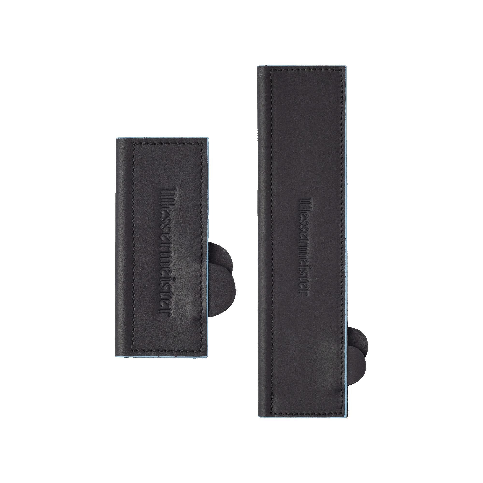 Two Messermeister black leather magnetic Edge-Guards with 'Messermeister' branding