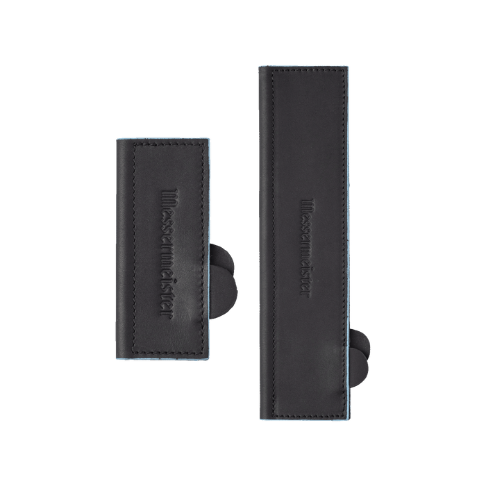 Two Messermeister black leather magnetic Edge-Guards with 'Messermeister' branding