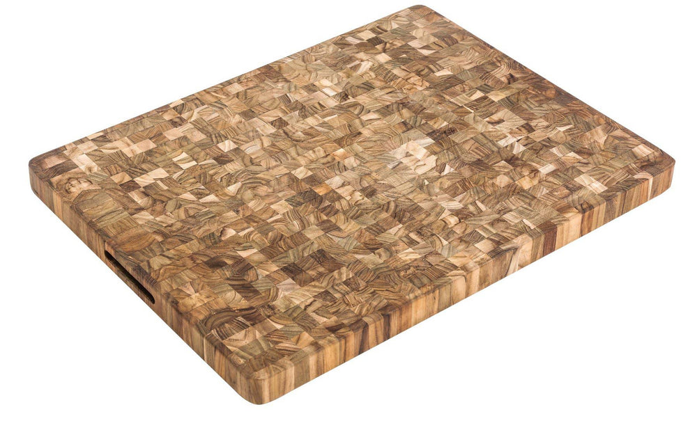 Wooden cutting board with a checkered pattern on a white background