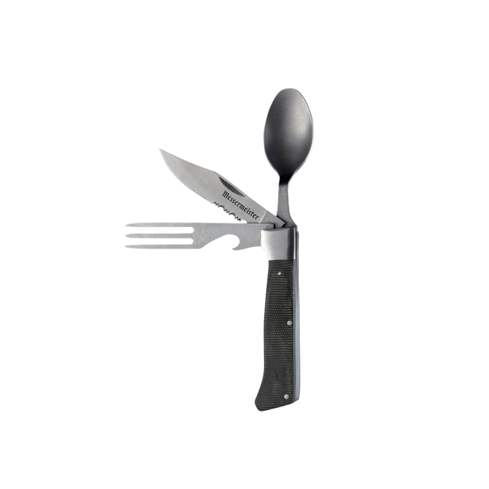 Messermeister Adventure Chef folding camp utensil with linen handle and stainless steel fork, spoon, and knife tools