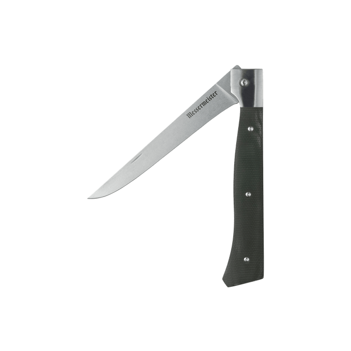 Messermeister Adventure Chef 6-inch folding flexible fillet knife with linen handle, portable outdoor fishing and camping knife.