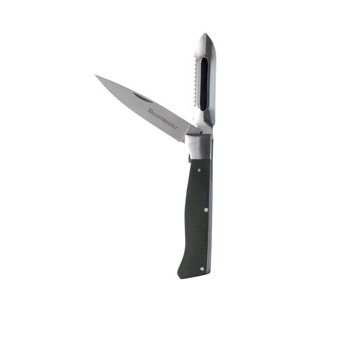 Messermeister Adventure Chef folding peeler and parer with linen handle, compact for camping, hiking, and outdoor cooking.