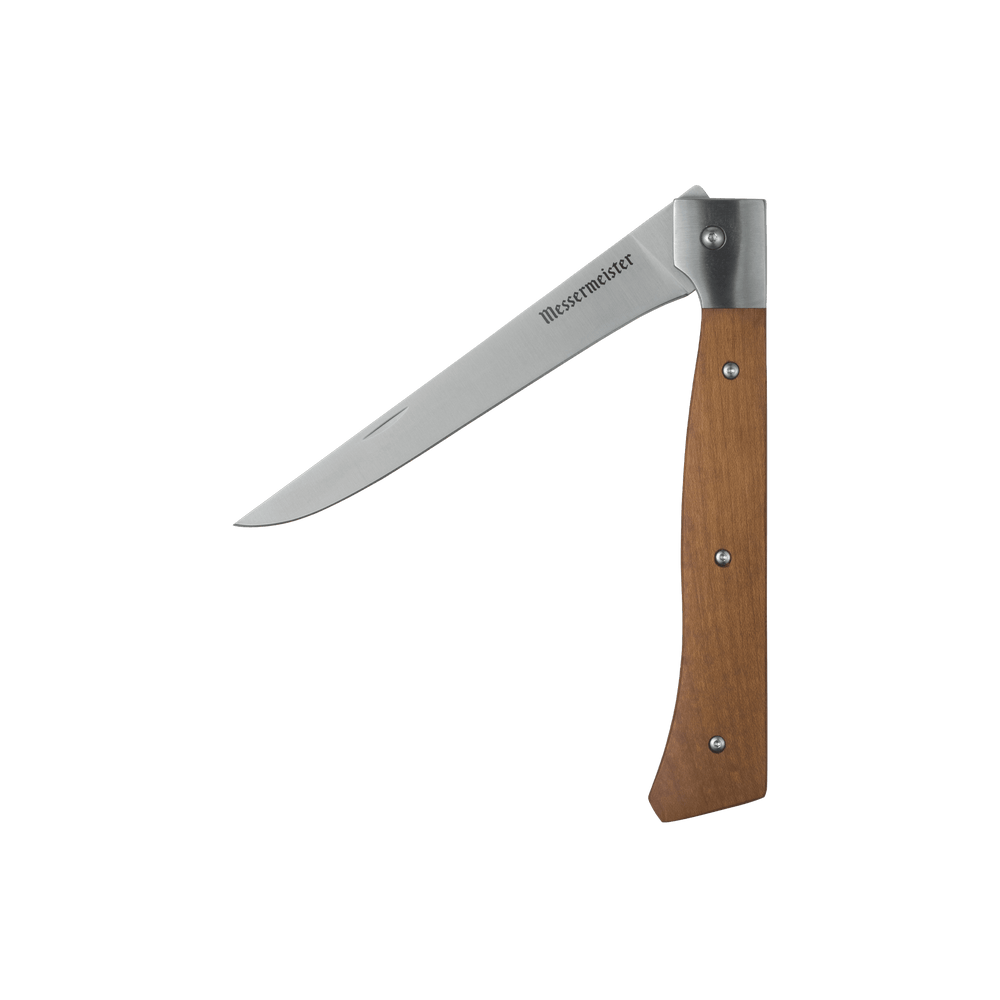 Messermeister Adventure Chef 6 inch maple folding flexible fillet knife for outdoor cooking and fishing.