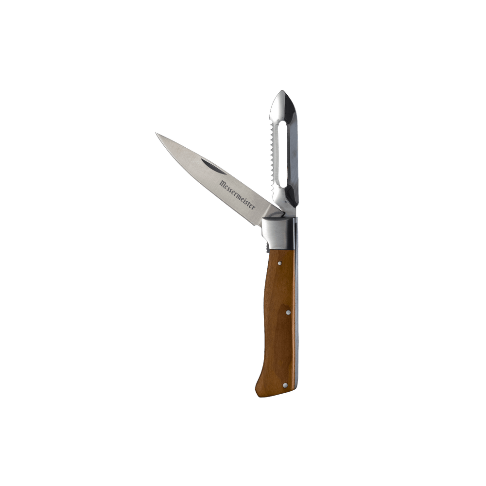 Messermeister Adventure Chef folding peeler and parer with maple handle, compact and portable for camping, hiking, and outdoor cooking.