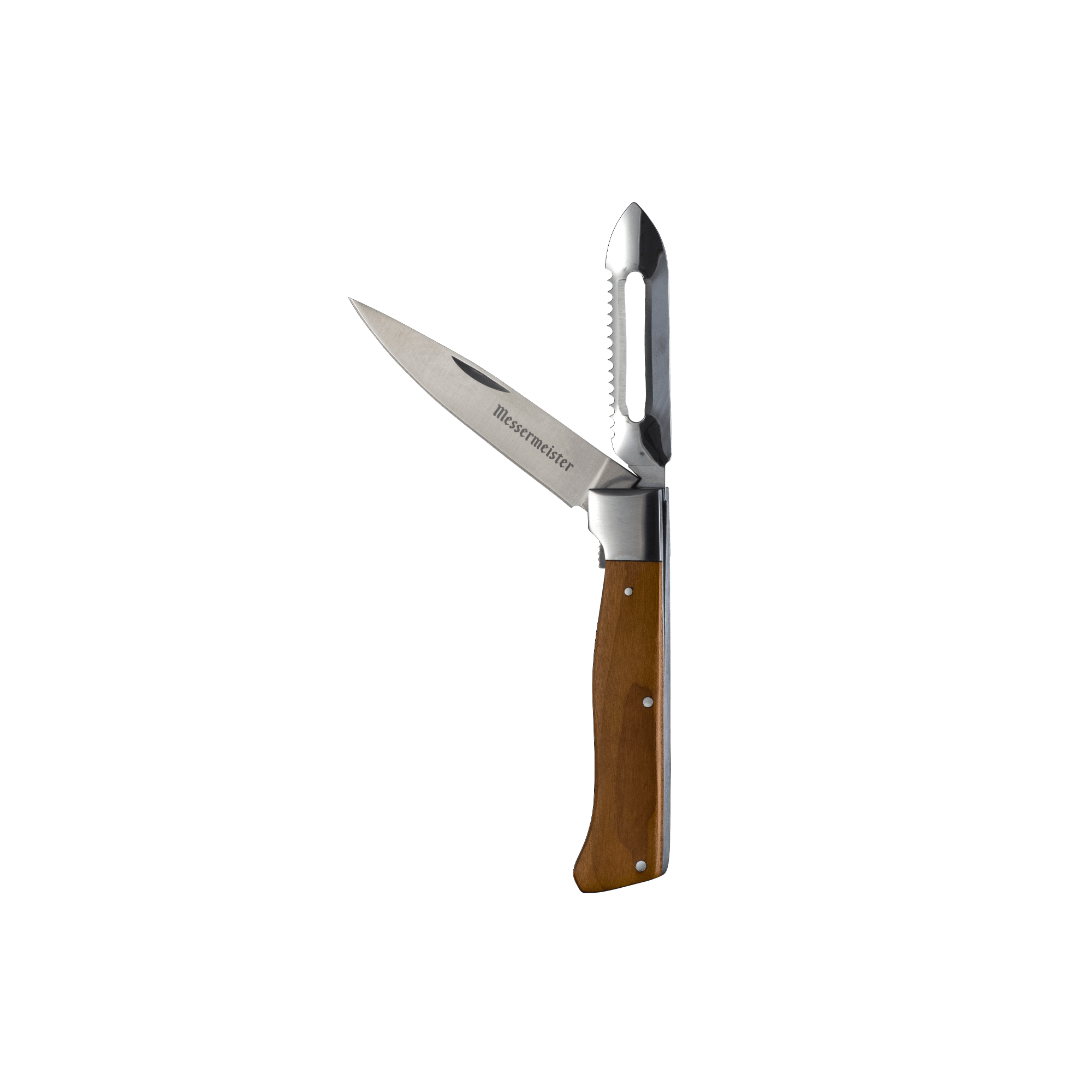 Messermeister Adventure Chef folding peeler and parer with maple handle, compact and portable for camping, hiking, and outdoor cooking.