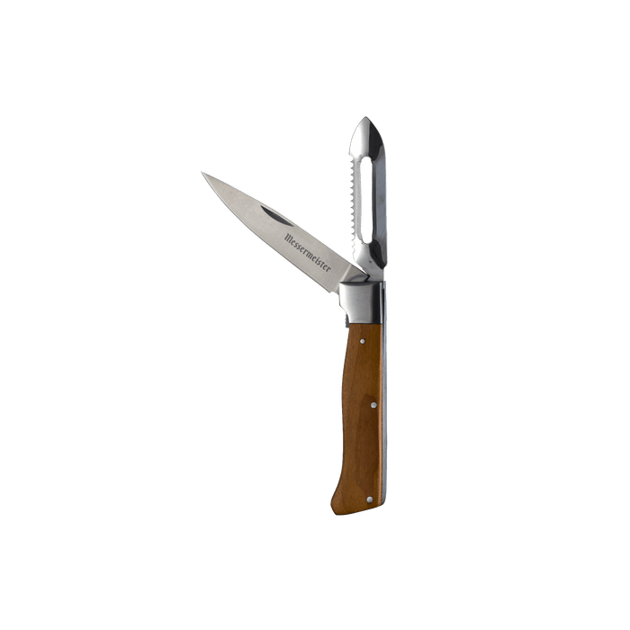Messermeister Adventure Chef folding peeler and parer with maple handle, compact and portable for camping, hiking, and outdoor cooking.