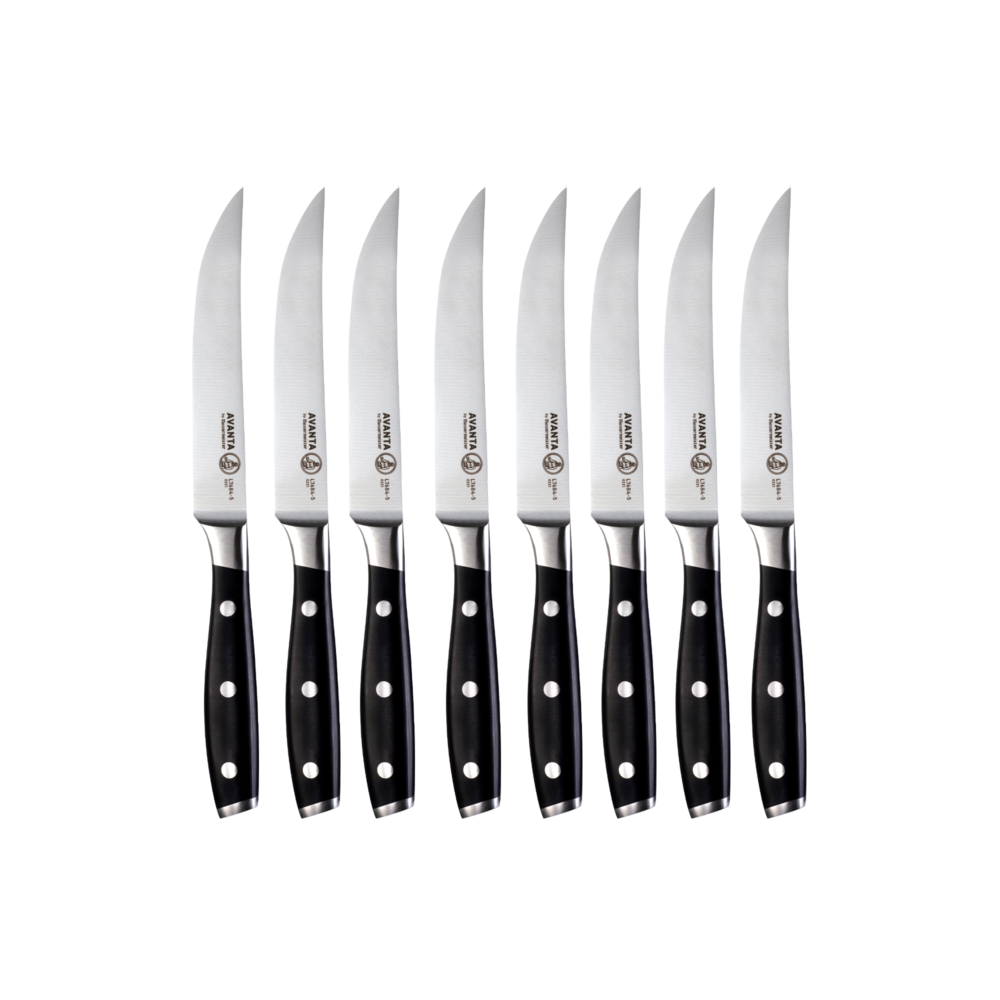 Set of eight steak knives with black handles