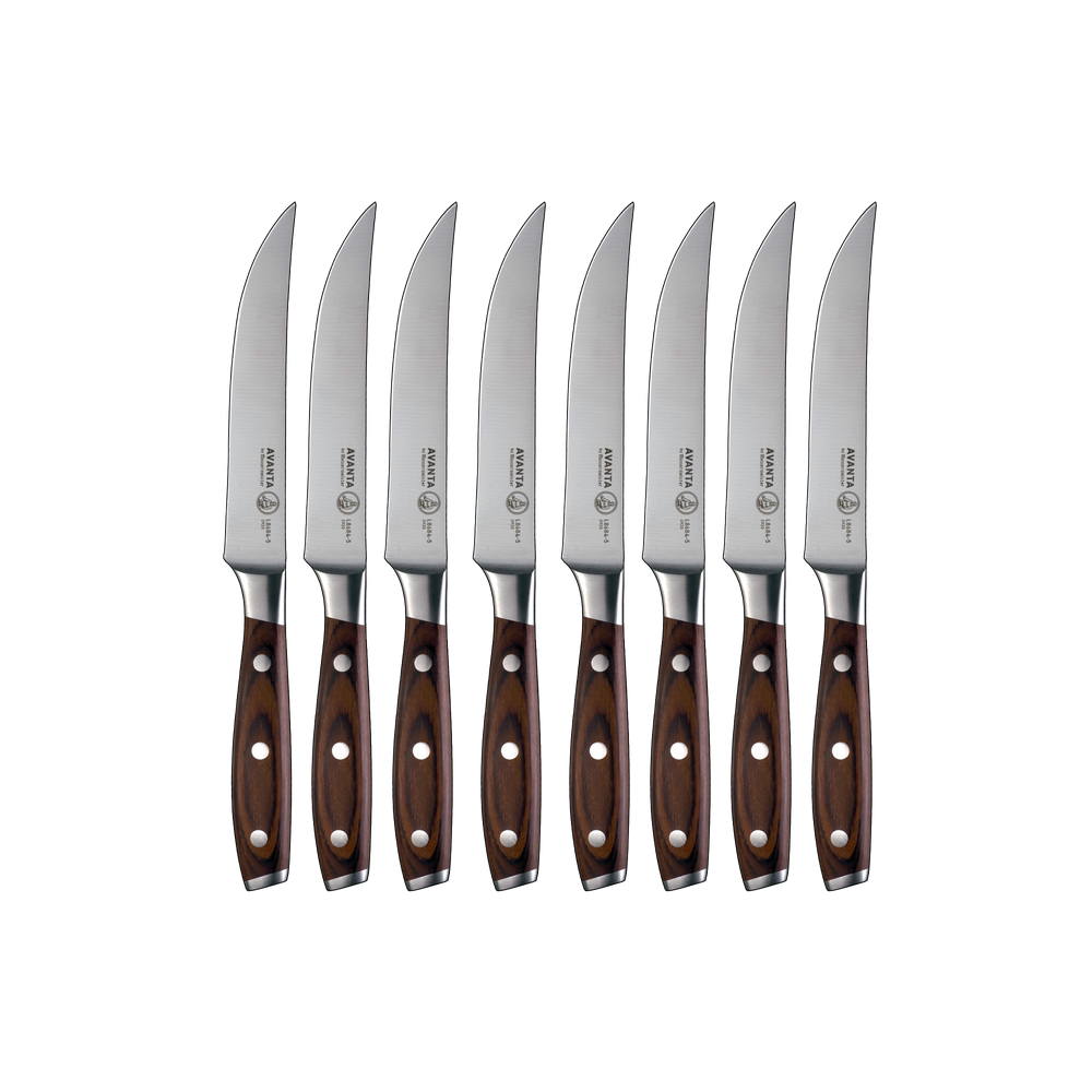Set of eight Messermeister Avanta steak knives with wooden handles