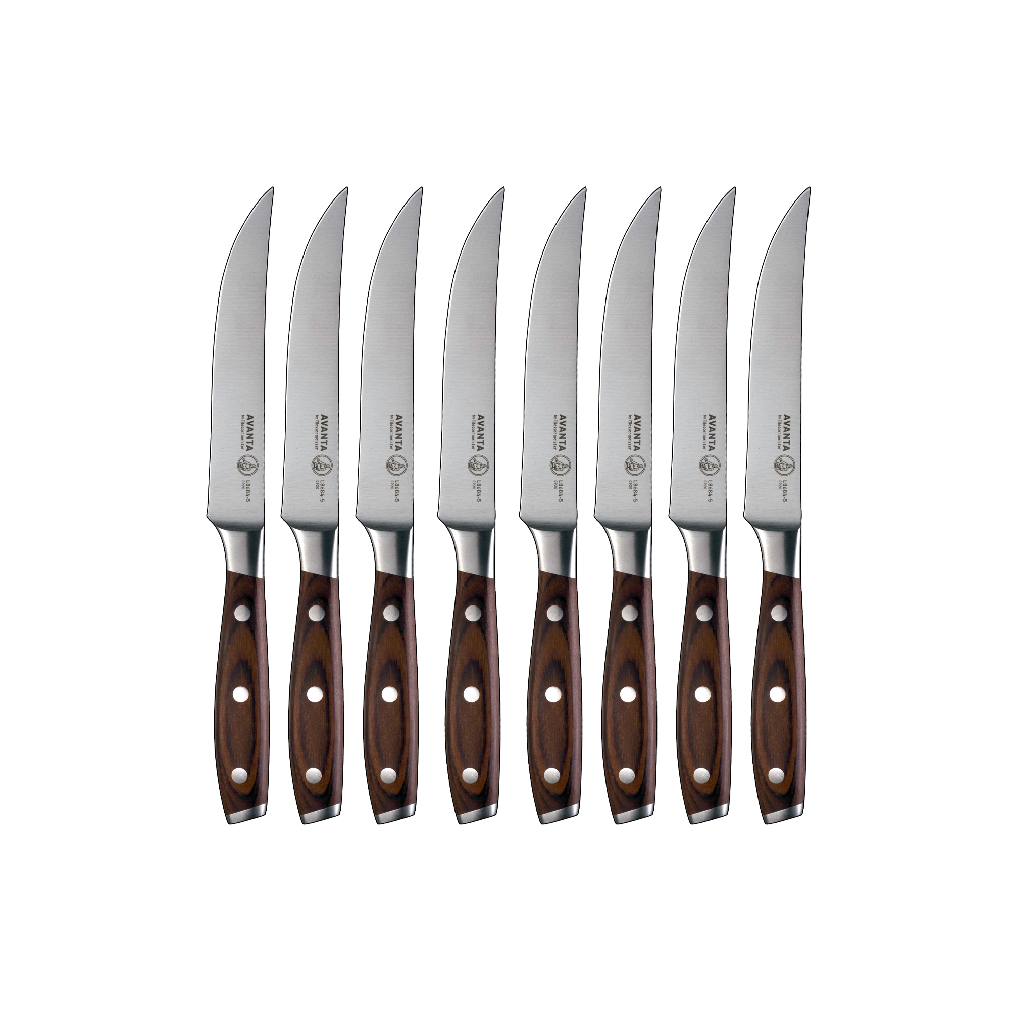 Set of eight Messermeister Avanta steak knives with wooden handles