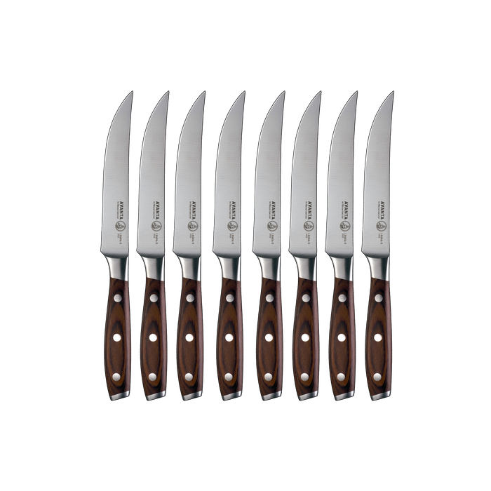 Set of eight Messermeister Avanta steak knives with wooden handles