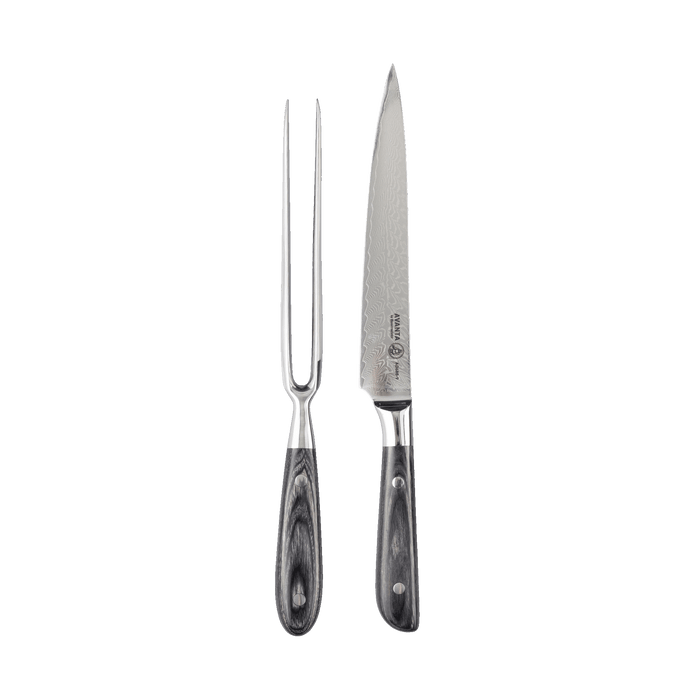 Messermeister Avanta Damascus 2 Piece Carving Set - Made in China - 
Ebony Pakkawood Handle - 67 Layer VG10 Damascus Steel 