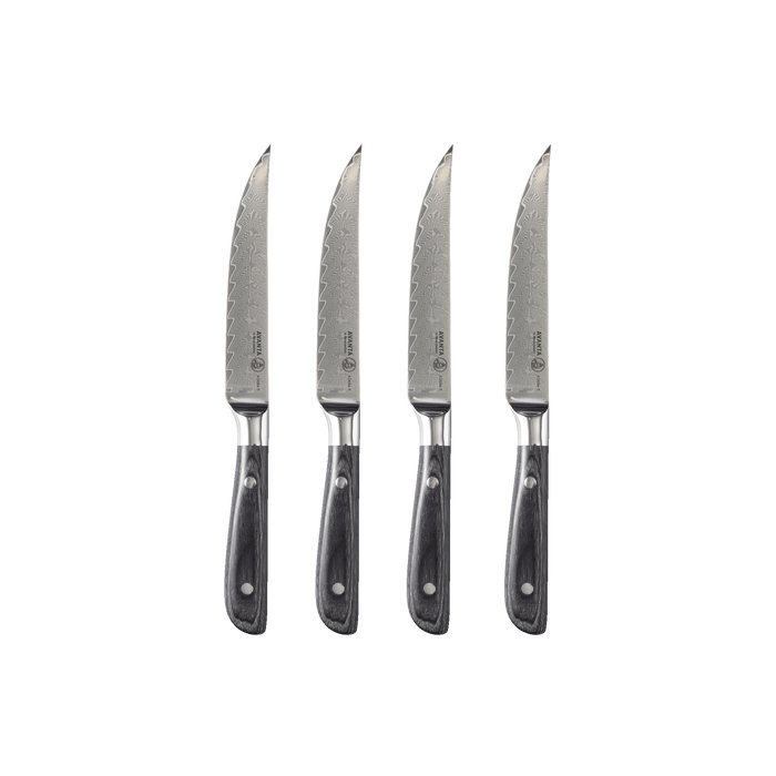 Messermeister Avanta Damascus 4 Piece Fine Edge Steak Knife Set - Made in China - Ebony Pakkawood Handle - 
67 Layer VG10 Damascus Steel