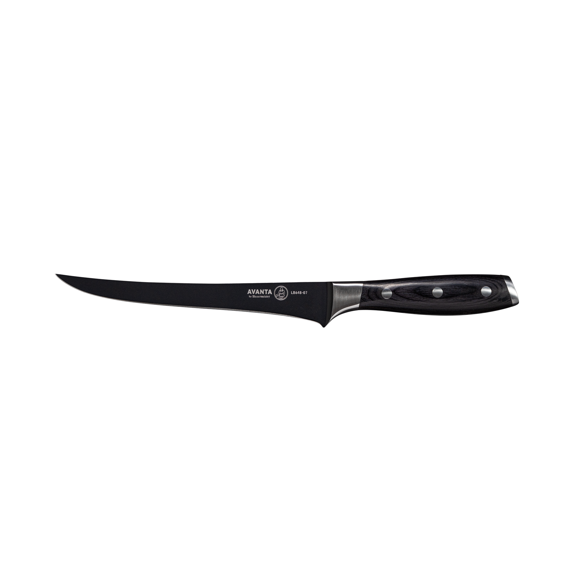 Messermeister Avanta Kendrick BBQ fillet knife front view with Messermeister logo on black blade, silver edge, and ebony pakkawood handle