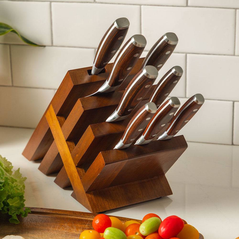 Messermeister Avanta Pakkawood 10 Piece Knife Block Set - Made in China - Brazilian Brown Pakkawood Handle - X50 Steel