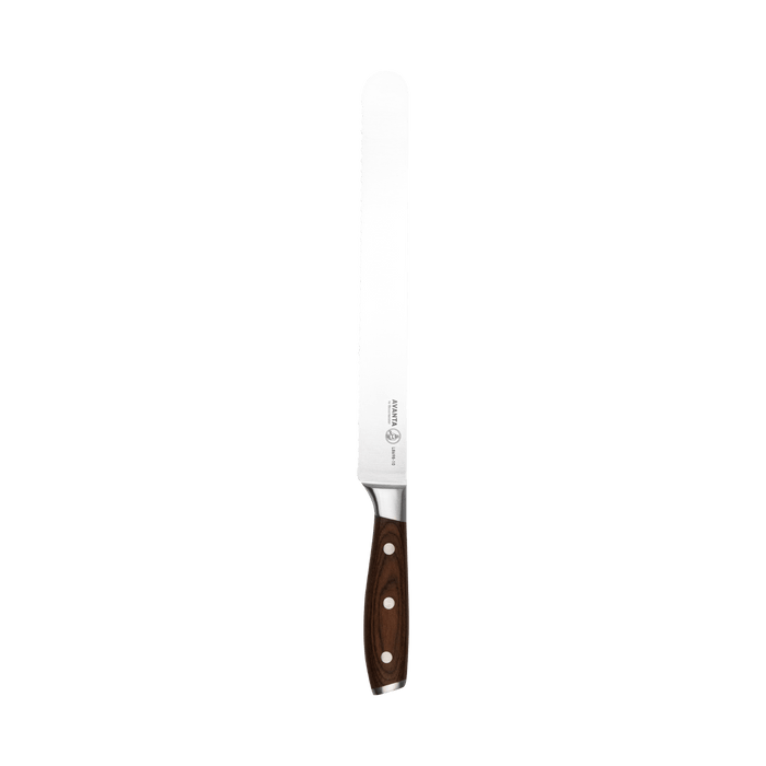  Messermeister Avanta Pakkawood Scalloped Slicer - 10" - Made in China - Brazilian Brown Pakkawood Handle - X50 Steel
