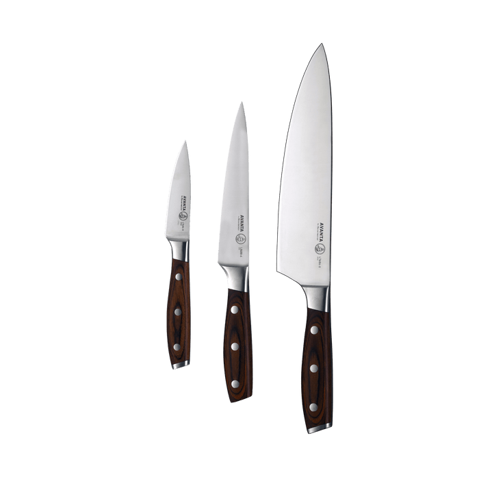 Messermeister Avanta Pakkawood 3 Piece Starter Set - Made in China - Brazilian Brown Pakkawood Handle - X50 Steel