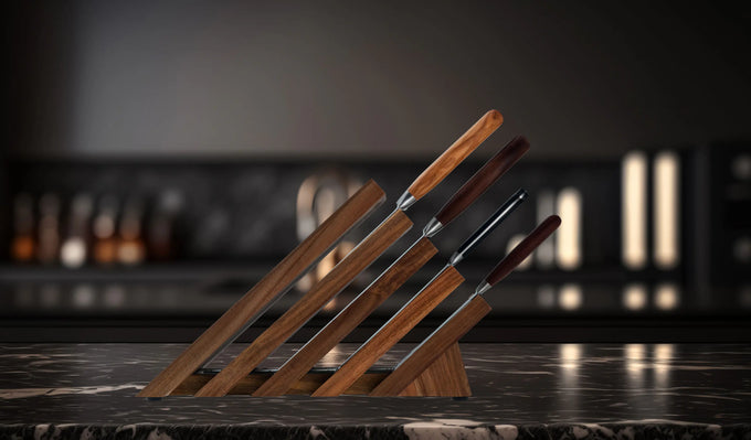 Set of Messermeister knives with wooden handles in a Next Level knife block on a granite countertop