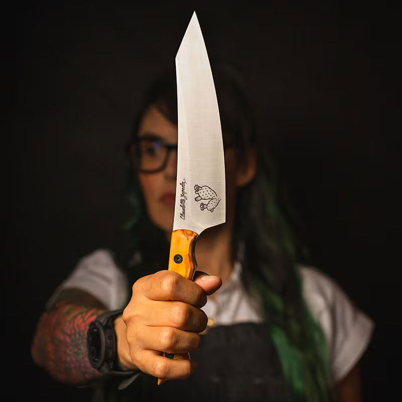 Messermeister Chef Claudette Zepeda Limited Edition Chef's Knife - 7" - Made in Italy - Mediterranean Olive Wood with Jade G10 Liner Handle - Nitro-B Steel