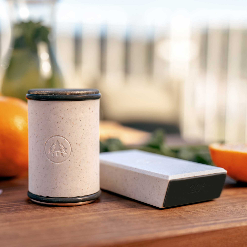 Horl Cruise Sharpener Kit with Sharpening Cylinder and Magnet Holder in Cruise White Color on a wooden surface outdoors