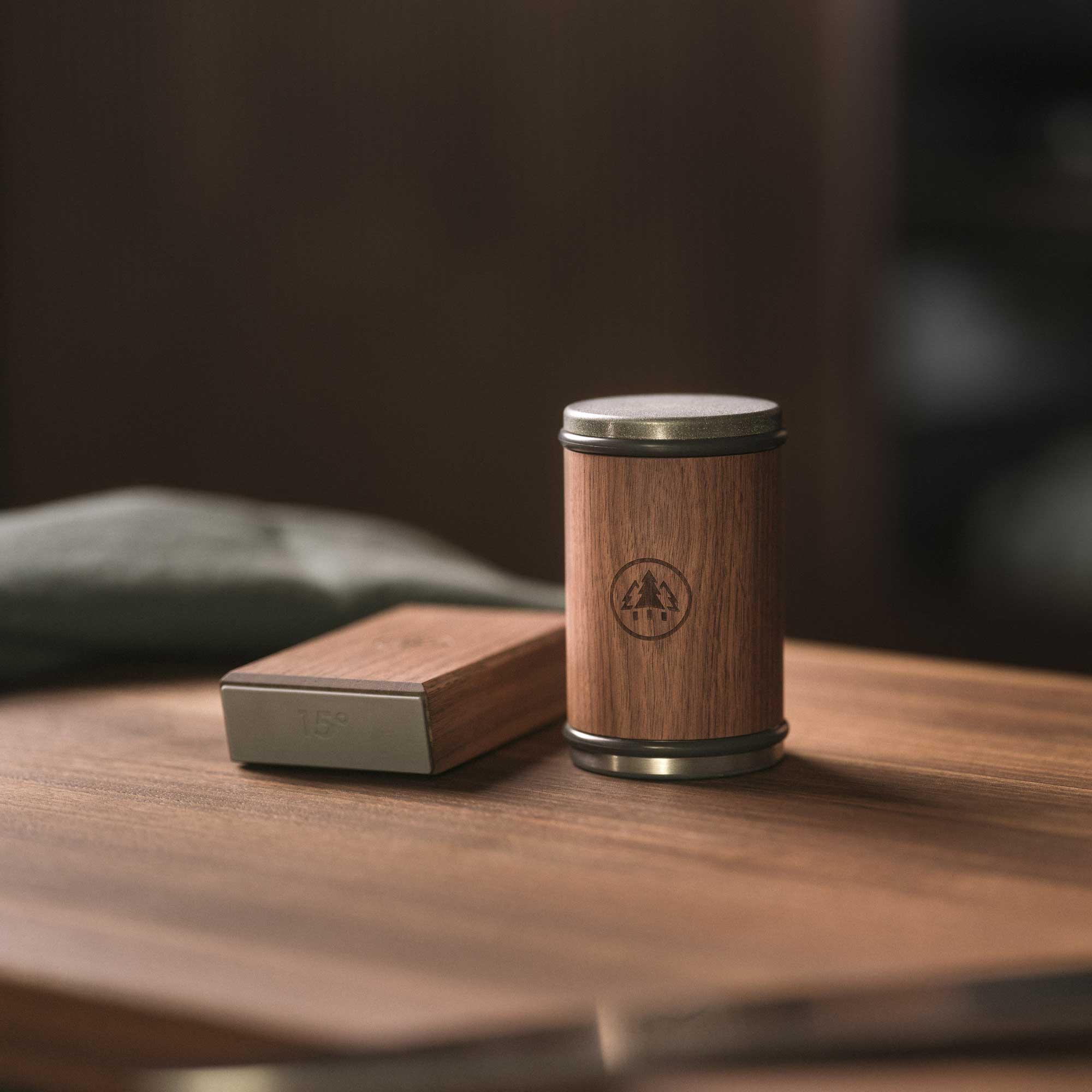 Horl 3 Walnut Rolling Sharpener Kit with Cylinder Sharpener and Angle Guide on wooden surface