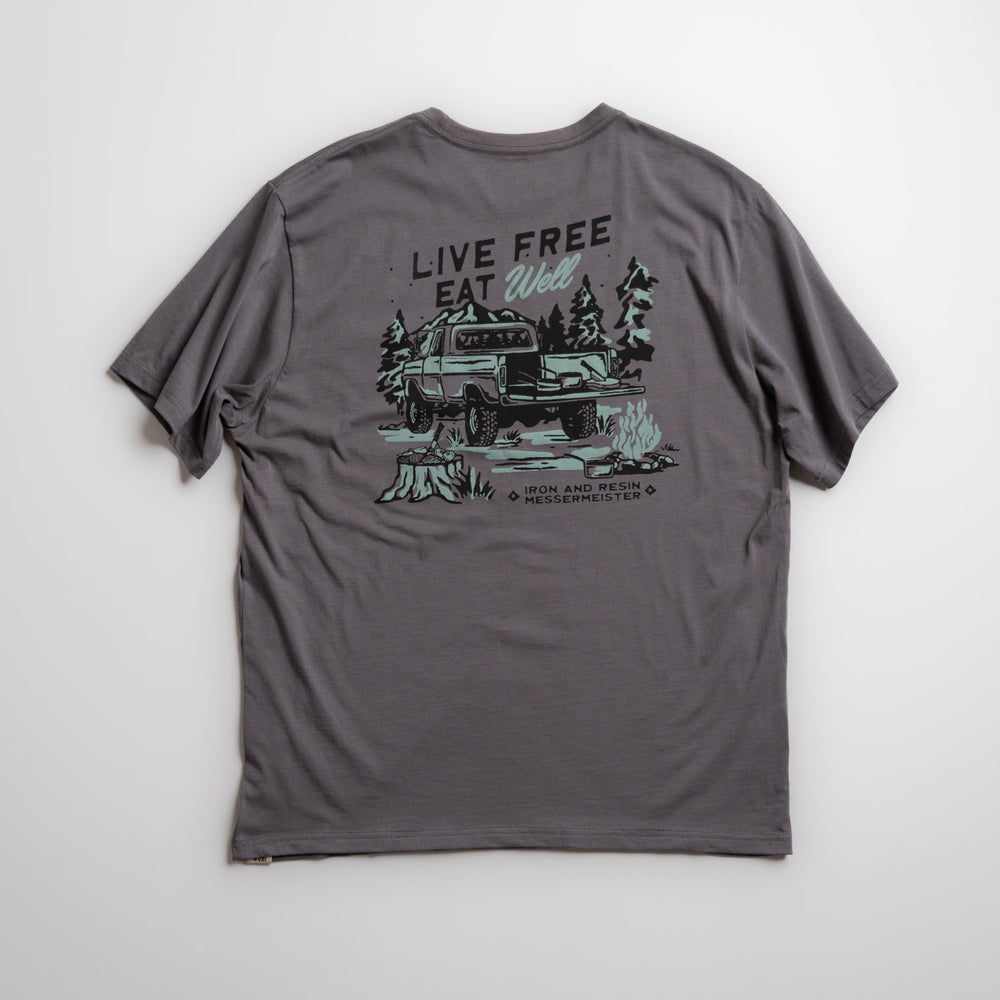Messermeister x INR 4X4 Pocket Tee - Charcoal - 100% Organic Cotton on a white background