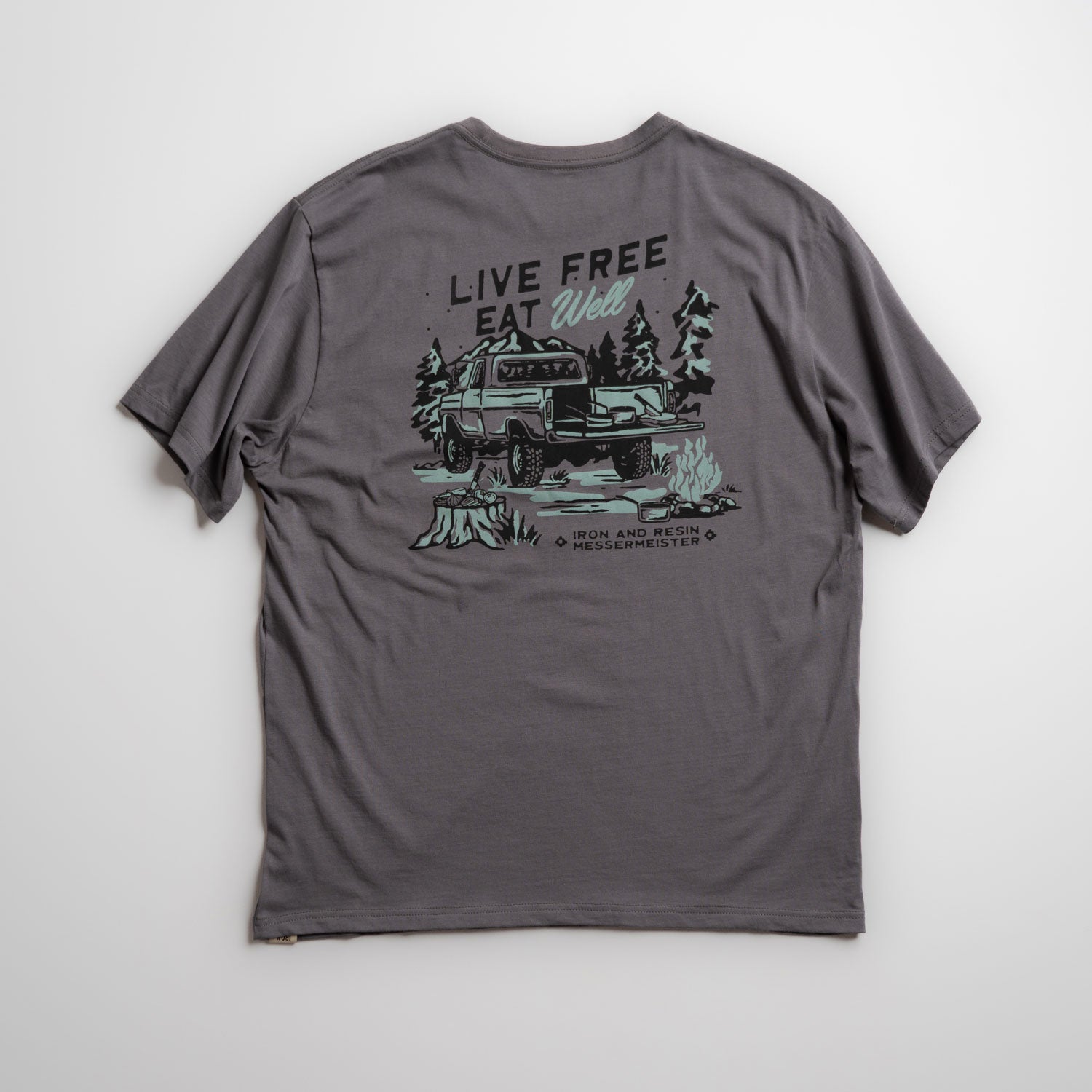 Messermeister x INR 4X4 Pocket Tee - Charcoal - 100% Organic Cotton on a white background
