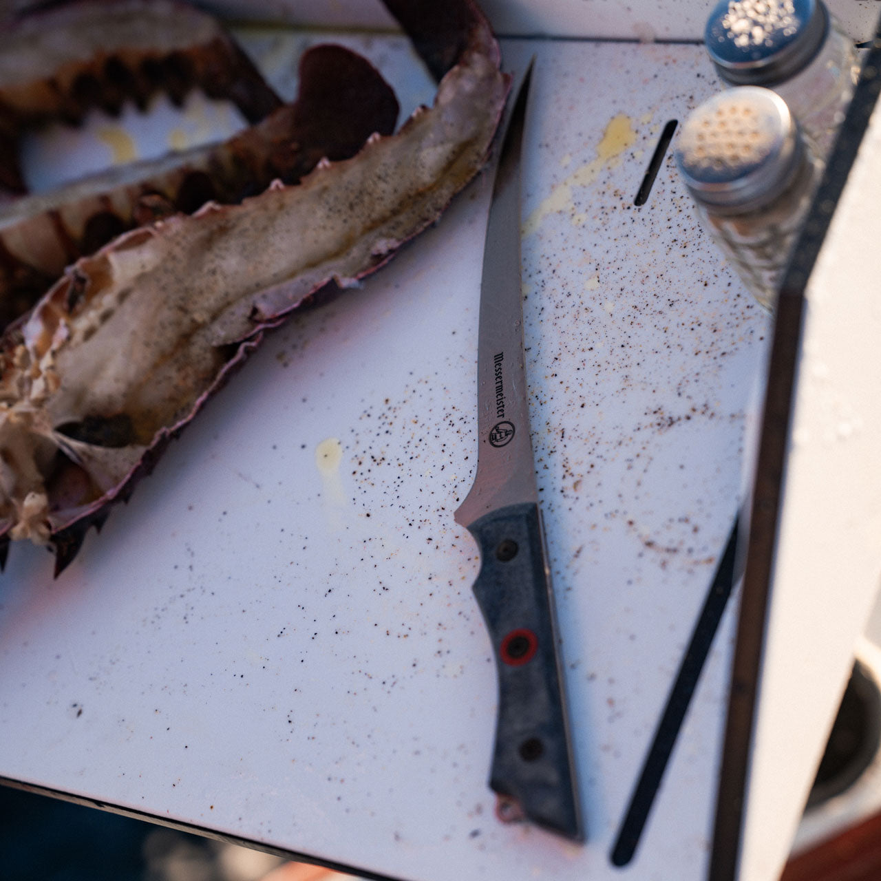 INR x Messermeister Mid-Flex Fillet Knife - 7" - Made in Italy - Denim Micarta with Red G10 Liner - Nitro-B Steel