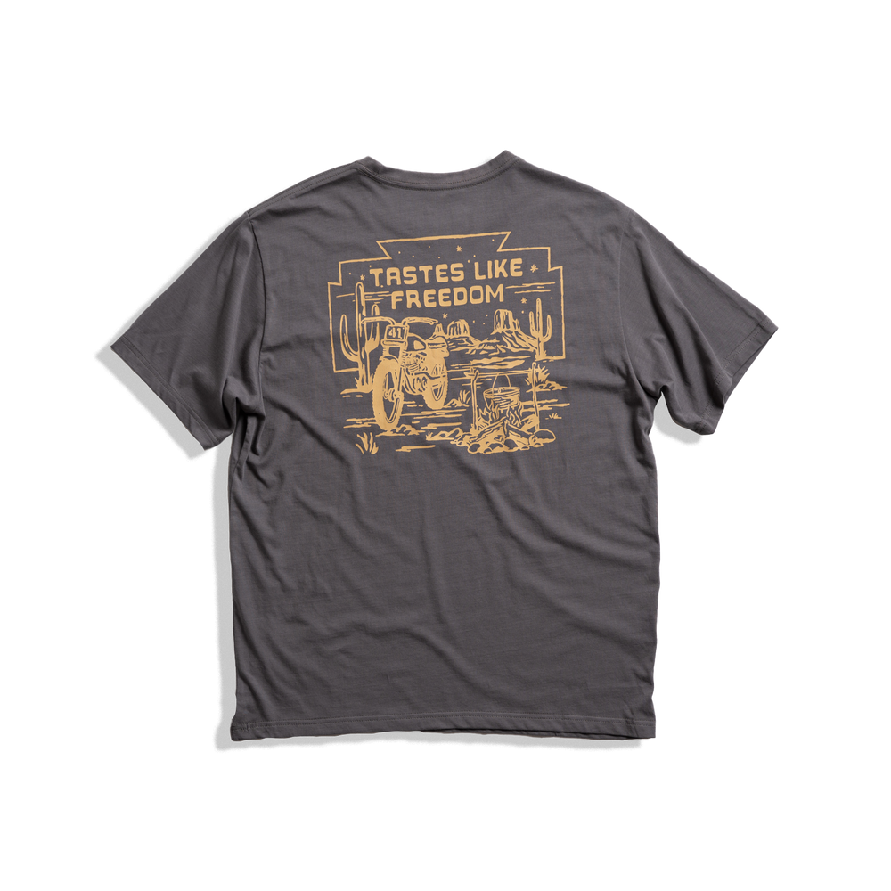 Messermeister x INR Moto Pocket Tee - 100% Cotton "tastes like freedom" with a motorcycle in the desert. Yellow colored logo