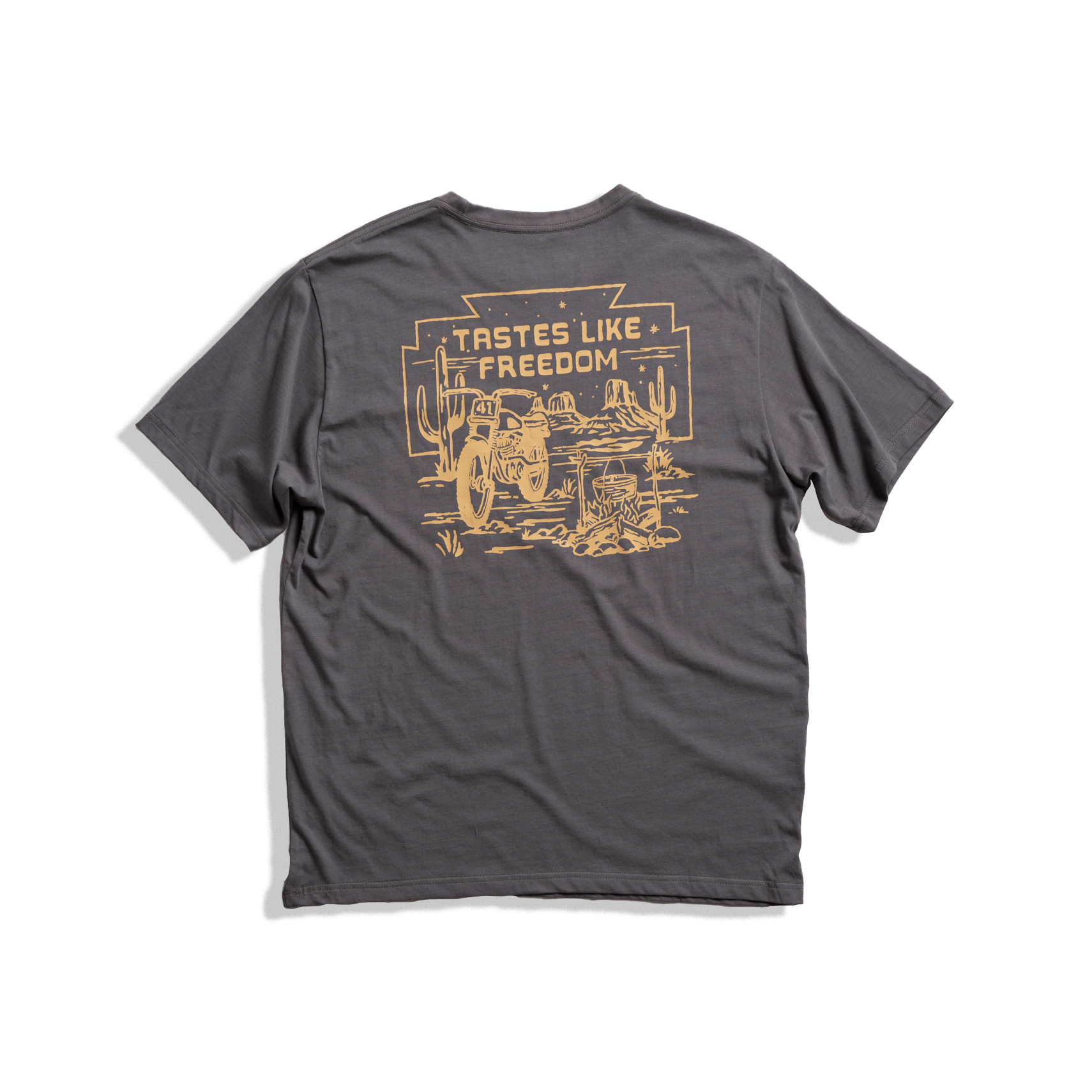 Messermeister x INR Moto Pocket Tee - 100% Cotton "tastes like freedom" with a motorcycle in the desert. Yellow colored logo