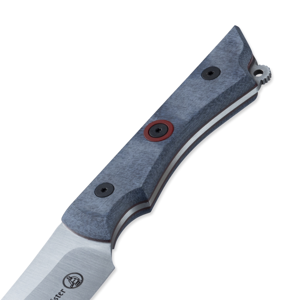 Close up of INR x Messermeister Utility Knife with denim micarta red G10 liner handle 