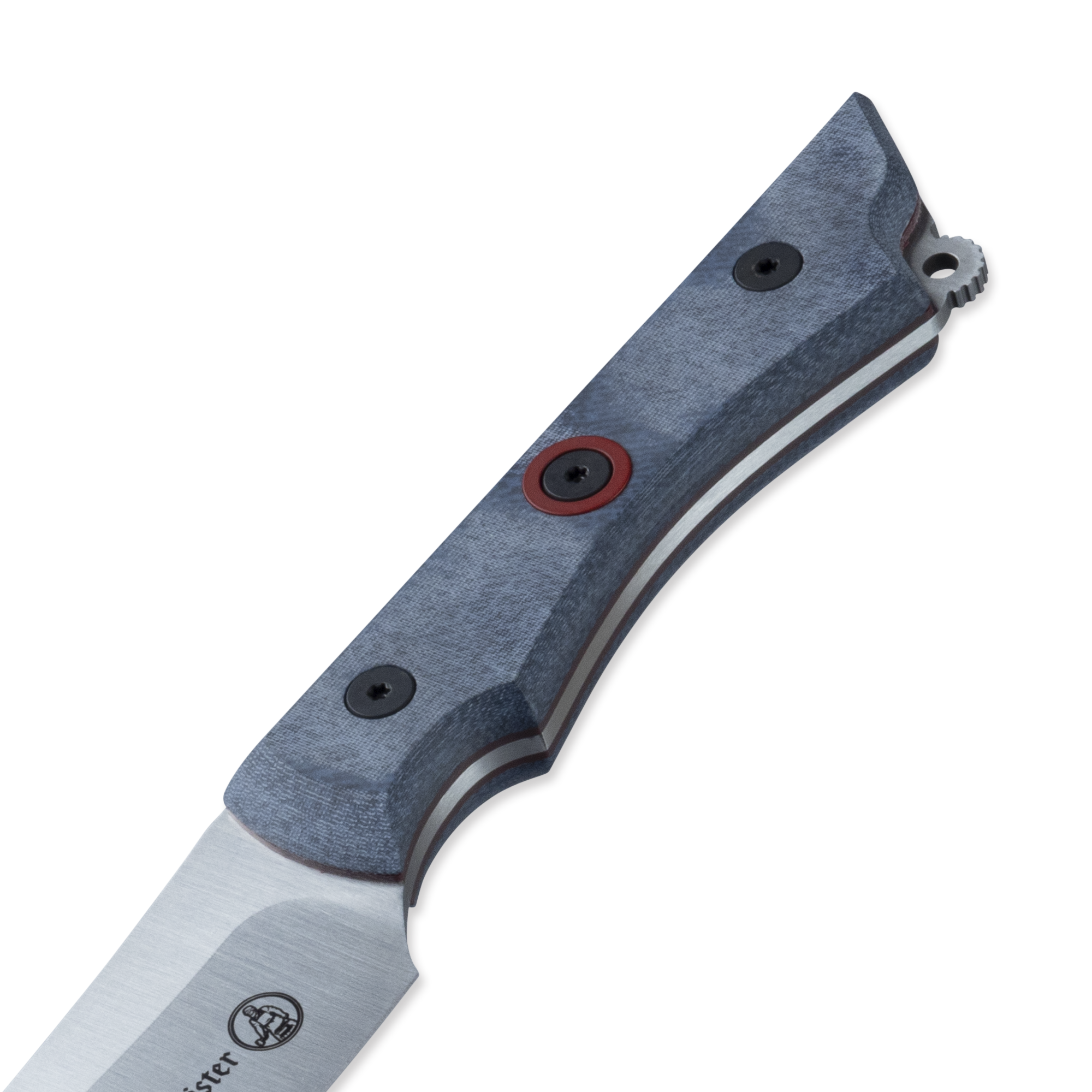 Close up of INR x Messermeister Utility Knife with denim micarta red G10 liner handle 