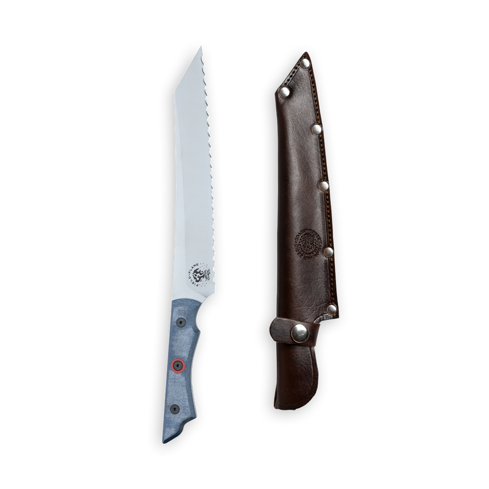 INR x Messermeister Scalloped Slicer - 8" - Made in Italy - Denim Micarta with Red G10 Liner - Nitro-B Steel