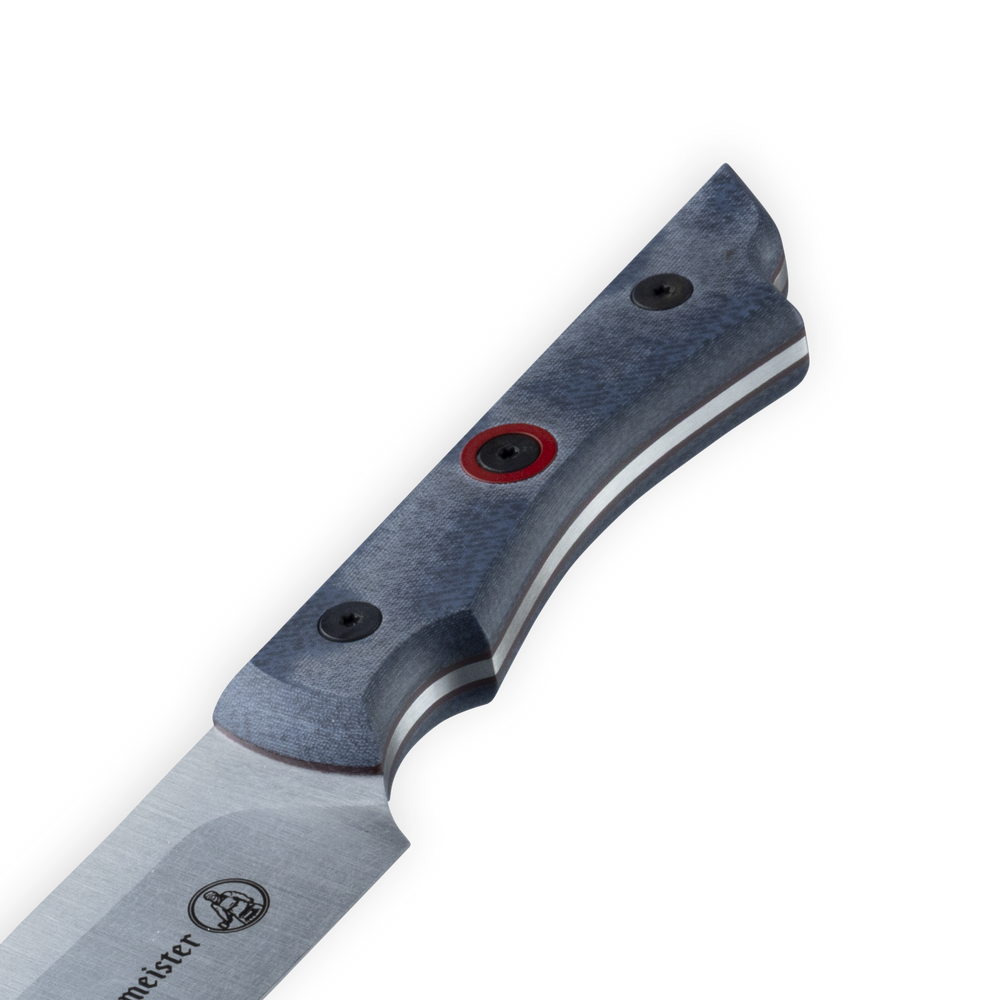 INR x Messermeister Slicer - 9" - close up on the full tang denim micarta handle with red center rivet