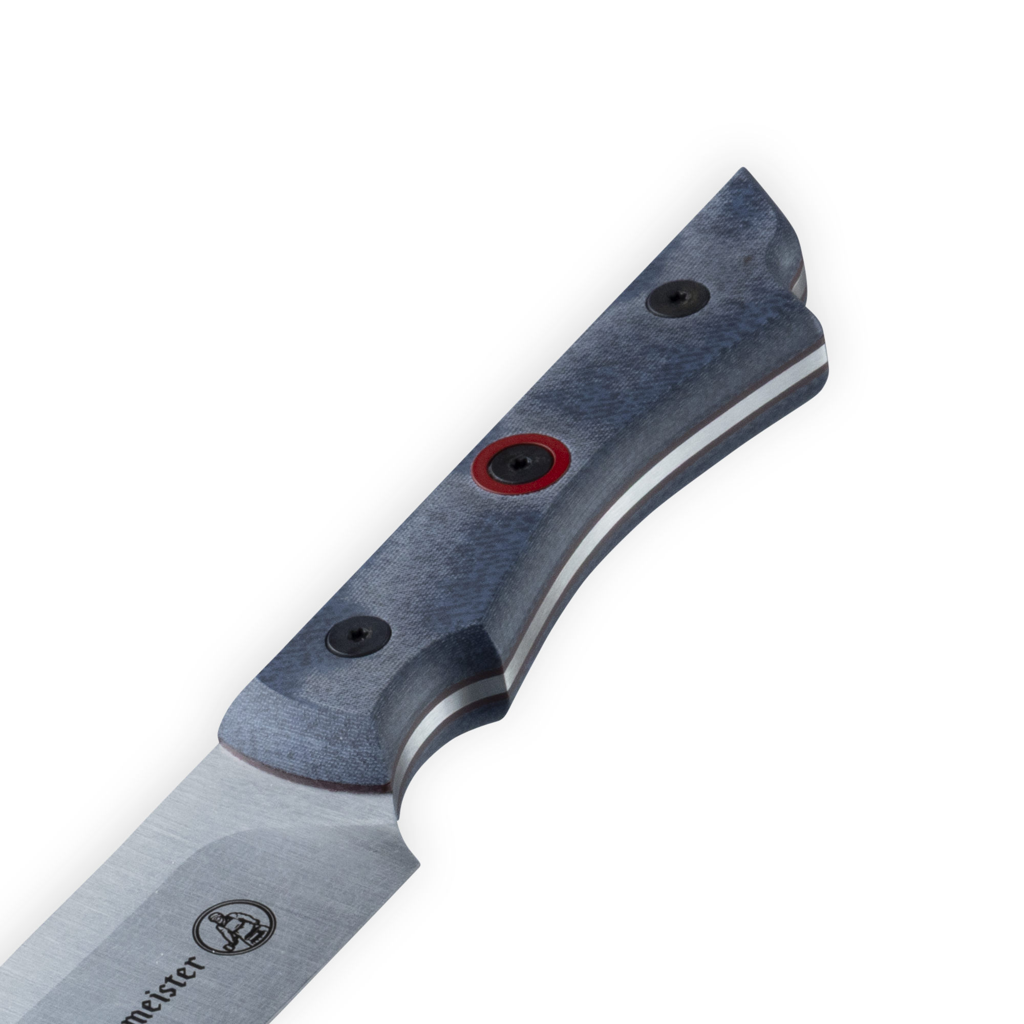 INR x Messermeister Slicer - 9" - close up on the full tang denim micarta handle with red center rivet