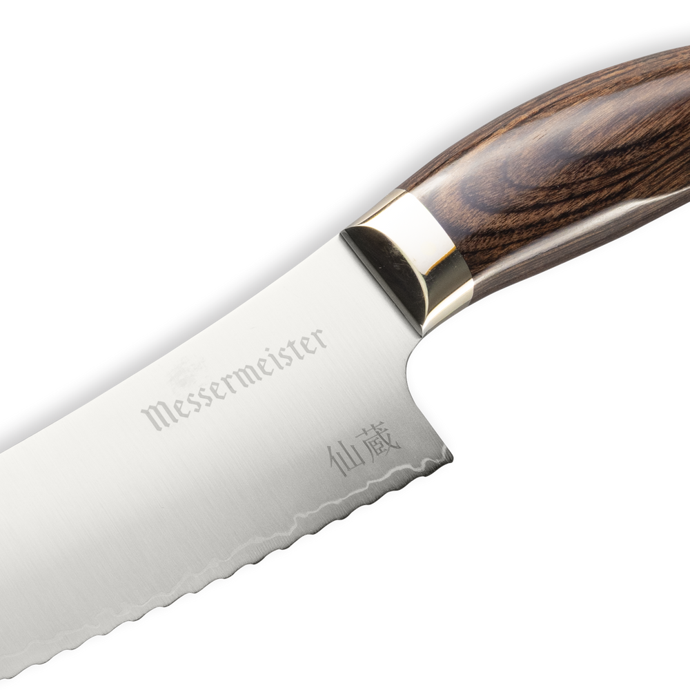 Messermeister Kawashima Slicing Serrated Bread Knife Closeup of Bolster