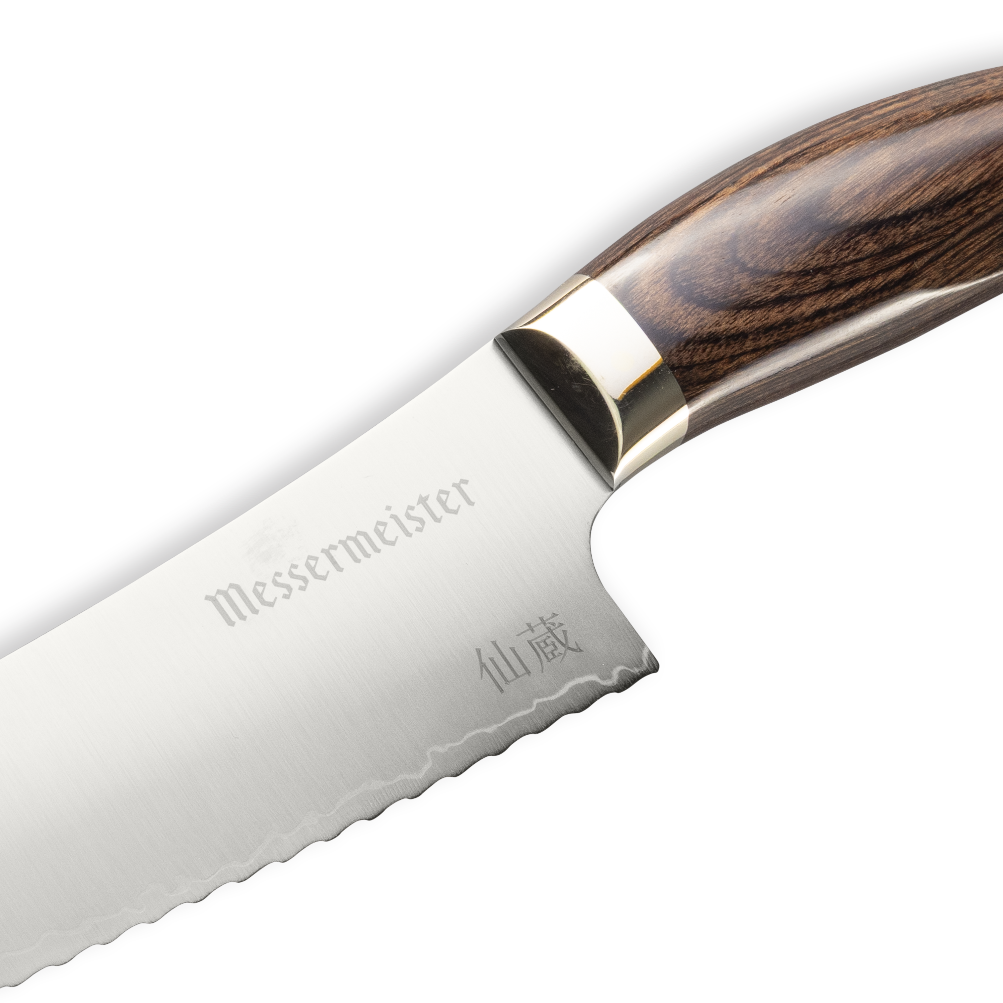 Messermeister Kawashima Slicing Serrated Bread Knife Closeup of Bolster