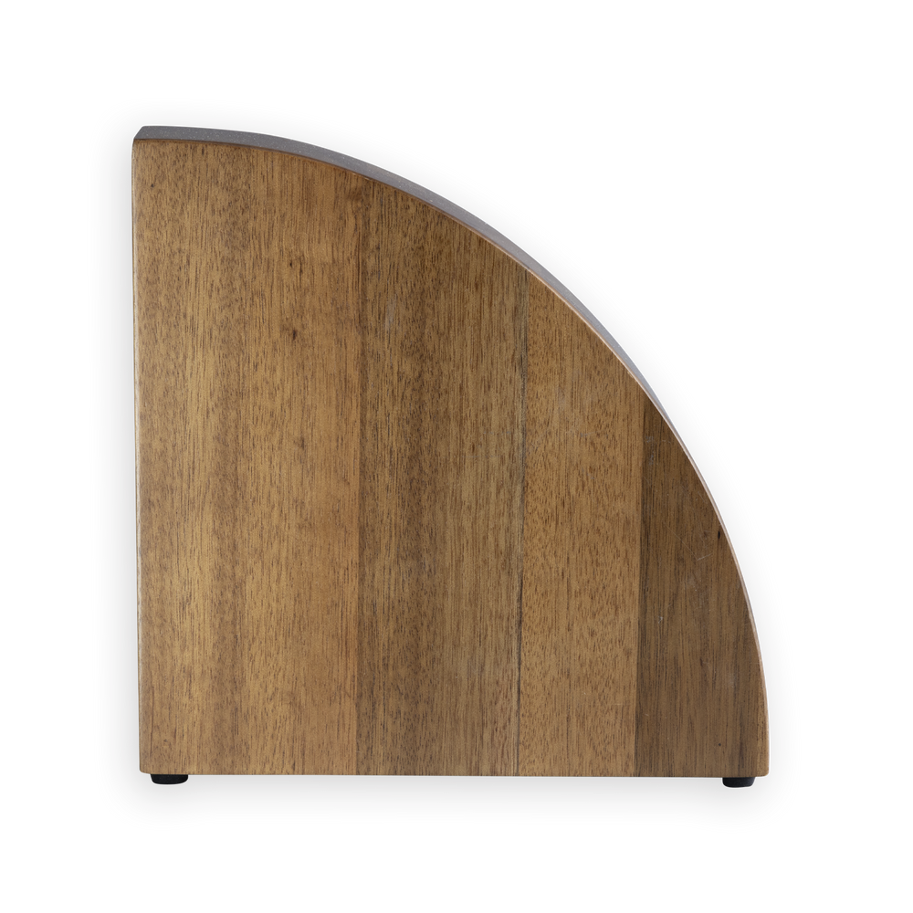 A curved wooden knife block with a warm medium-brown wood grain finish and small black feet, shown on a plain white background.