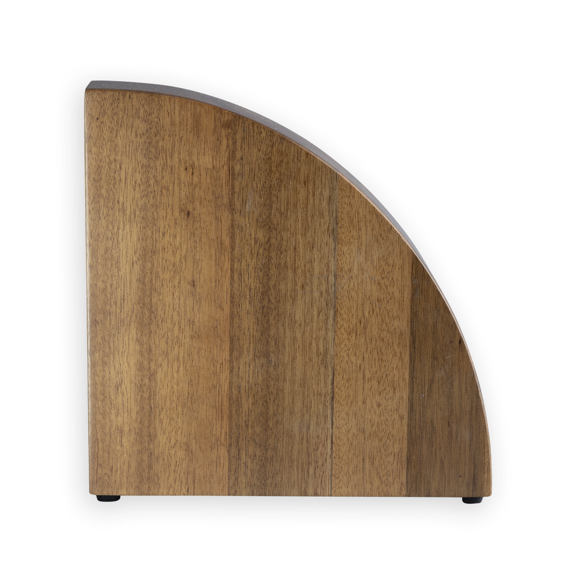 A curved wooden knife block with a warm medium-brown wood grain finish and small black feet, shown on a plain white background.