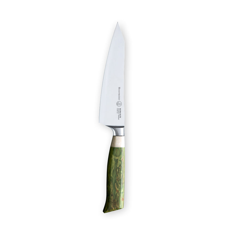 A prep knife with a silver stainless steel blade featuring a green-dyed stabilized wood handle.
