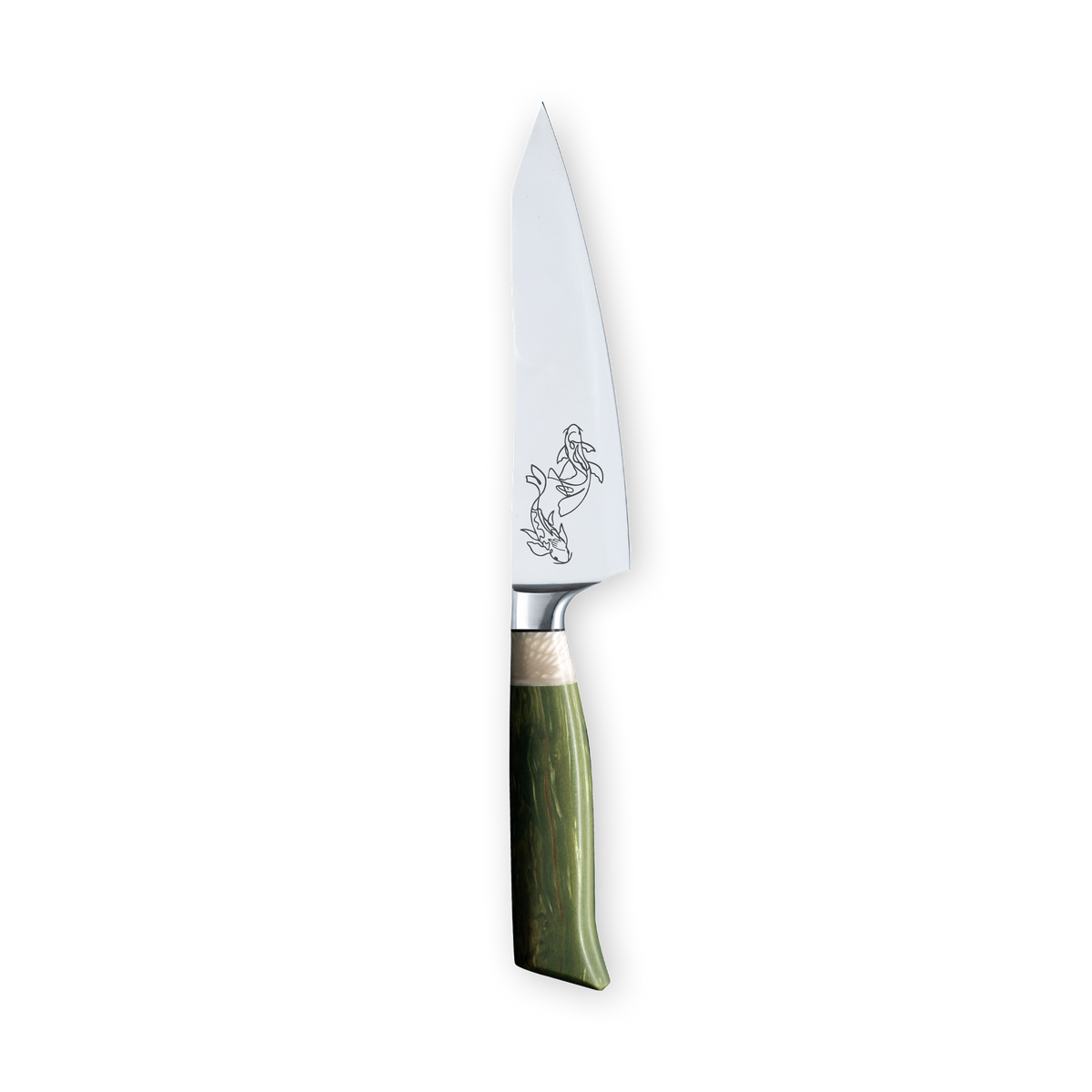 A prep knife with a silver stainless steel blade featuring a delicate line-art engraving of two koi fish, and a green-dyed stabilized wood handle.