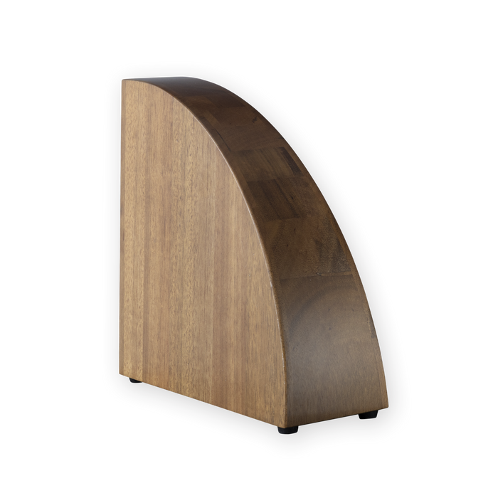 A curved wooden knife block with a warm medium-brown wood grain finish and small black feet, shown on a plain white background.