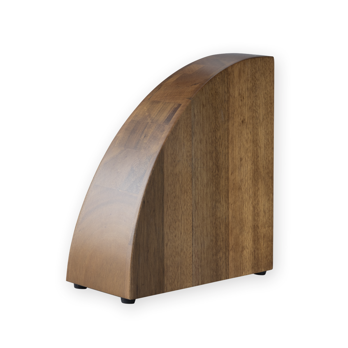 A curved wooden knife block with a warm medium-brown finish and visible wood grain, shown on a plain white background.