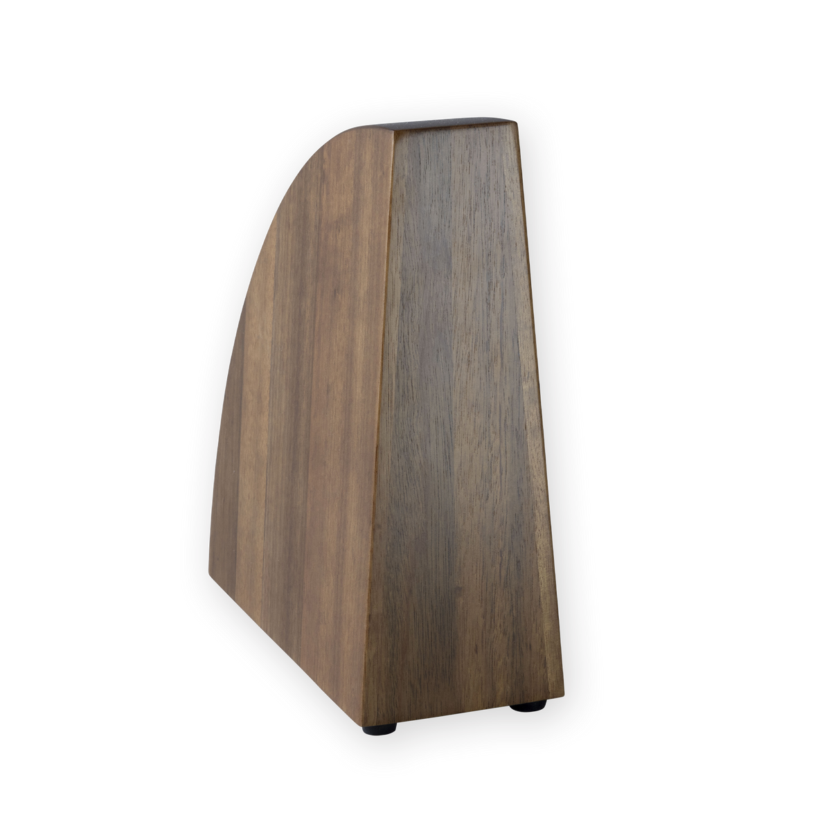 A modern wooden knife block with a curved front and angled side, finished in dark brown wood grain, shown on a plain white background.