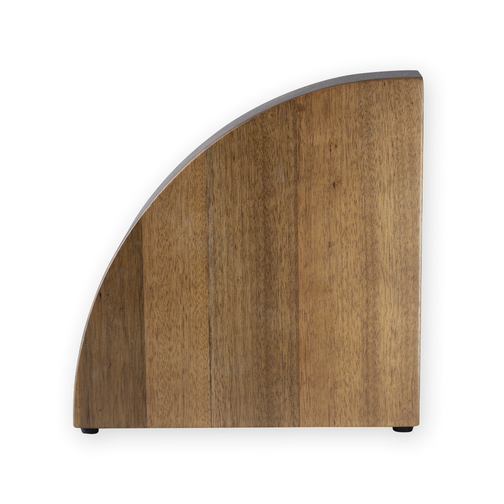 A curved wooden knife block with a natural medium-brown wood grain finish, shown against a plain white background.