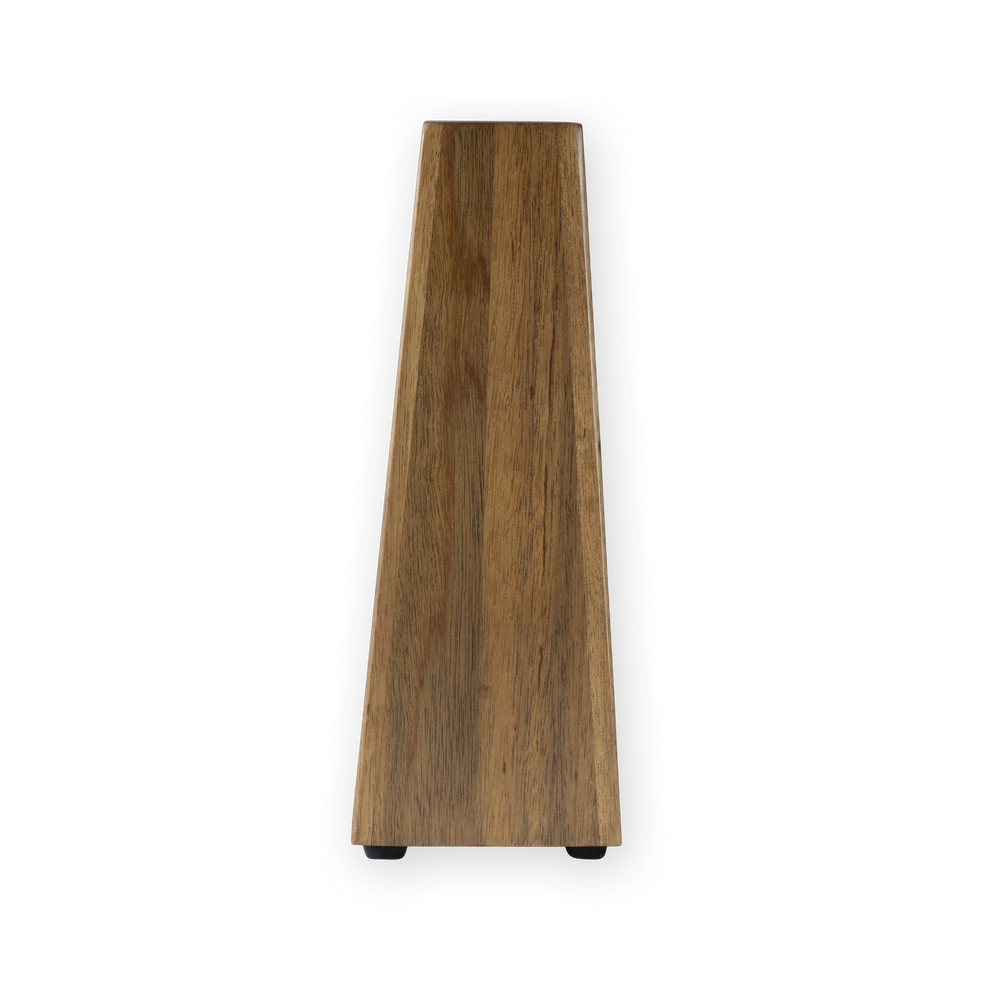 A wooden knife block with a medium brown wood grain finish and small black feet at the bottom, shown against a plain white background.