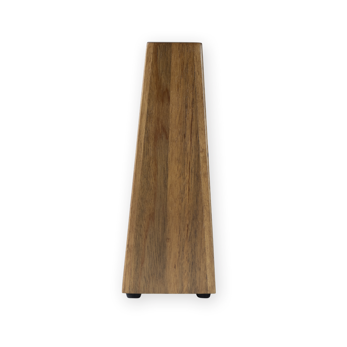 A wooden knife block with a medium brown wood grain finish and small black feet at the bottom, shown against a plain white background.