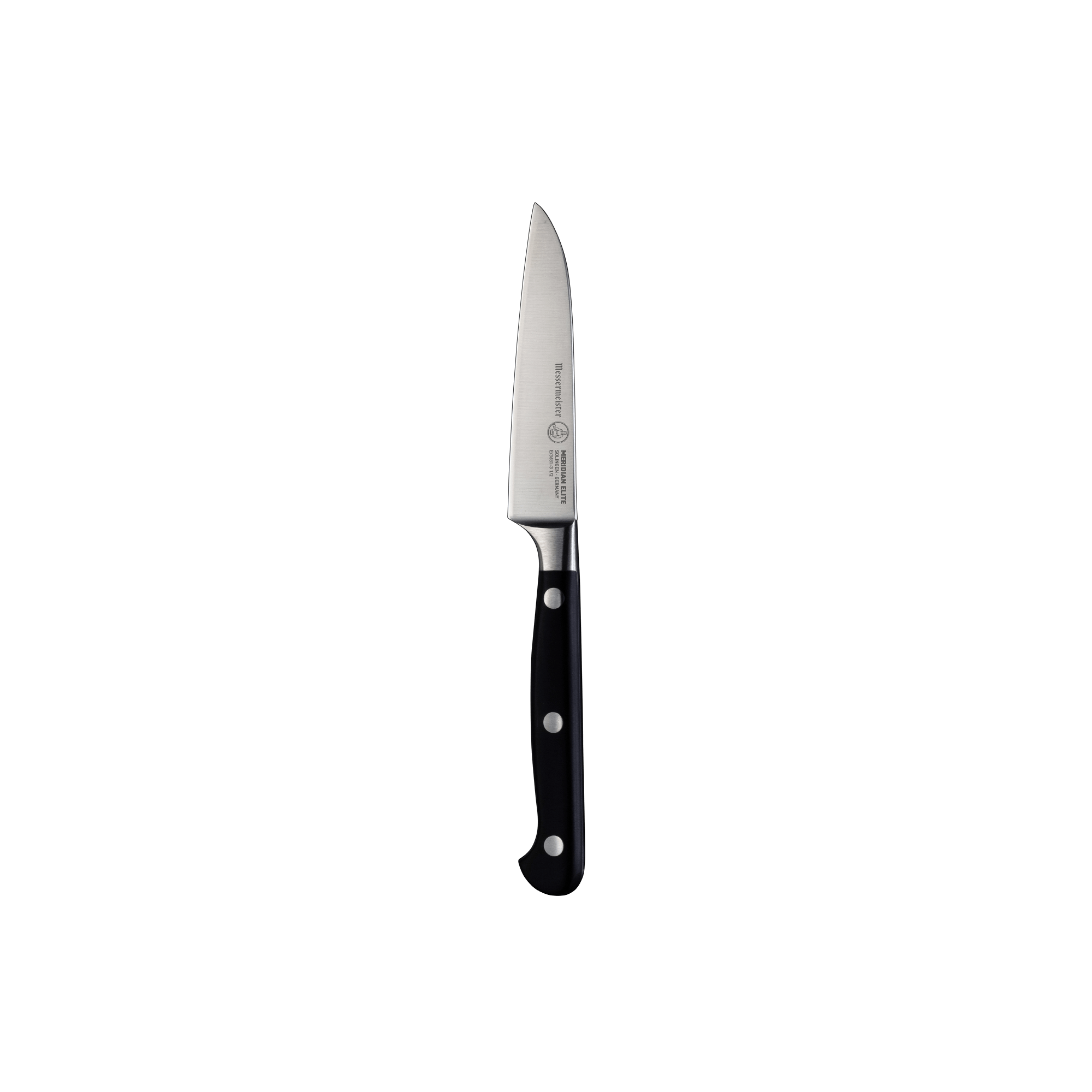 The Meridian Elite 3.5 inch Sheep's Foot Paring Knife with a stainless steel blade and triple rivet black handle.