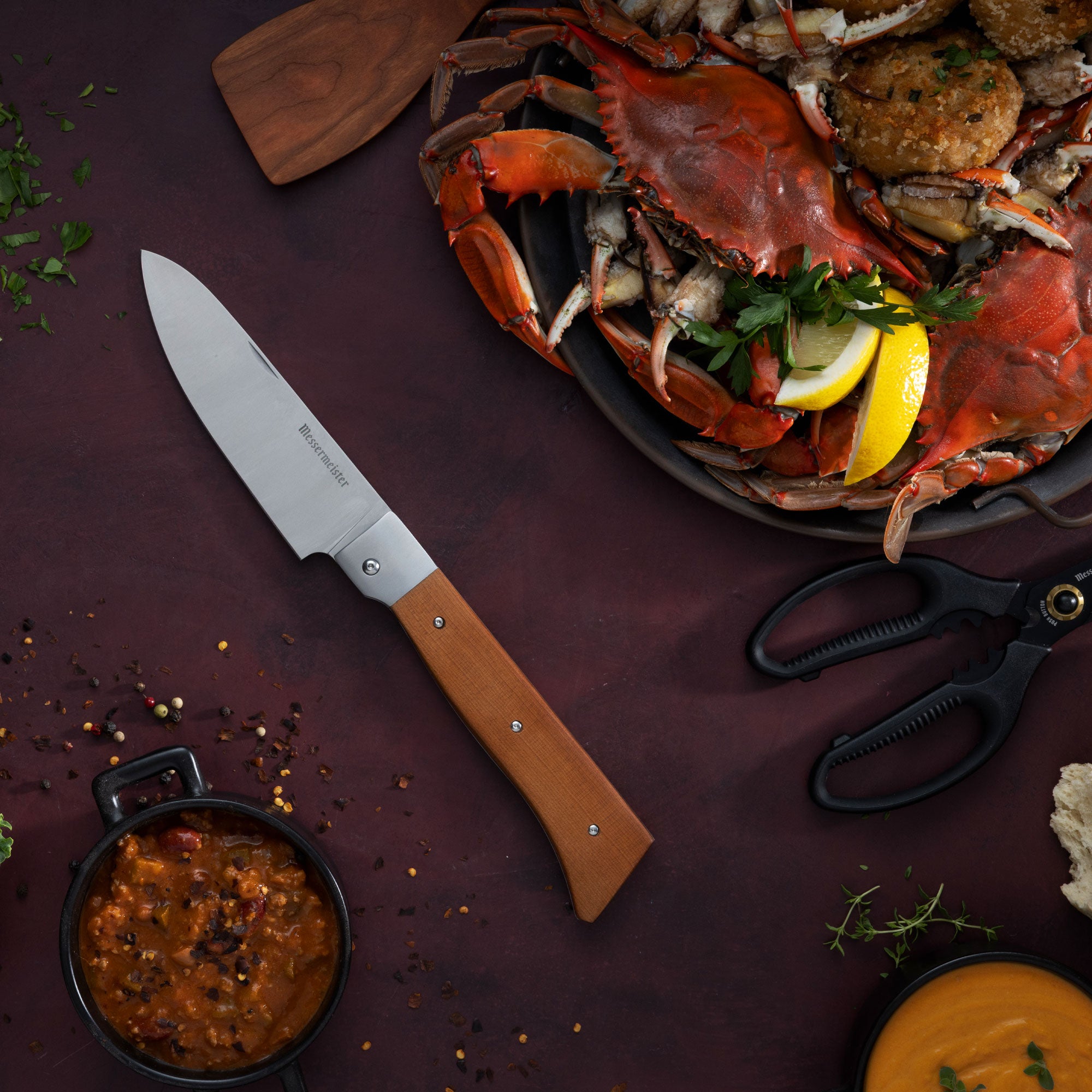 Messermeister Adventure Chef Chef Knife pictured with Crab Dinner and Chili with Esther Choi Precision Shears